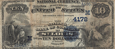A $10 note issued by the National Bank of Commerce in St. Louis, 1889.