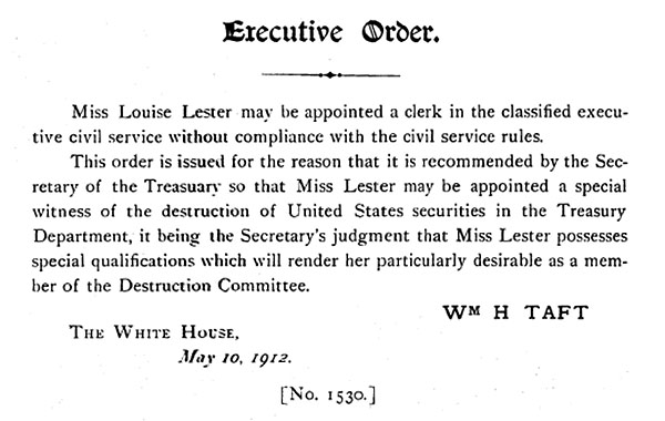 Executive Order appointing Louise Lester a special witness of the destruction of United States securities.