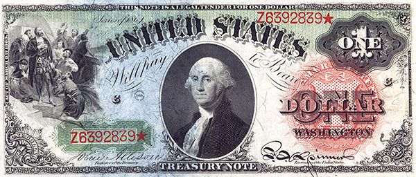 George Washington on a $1 legal tender note introduced in 1869.