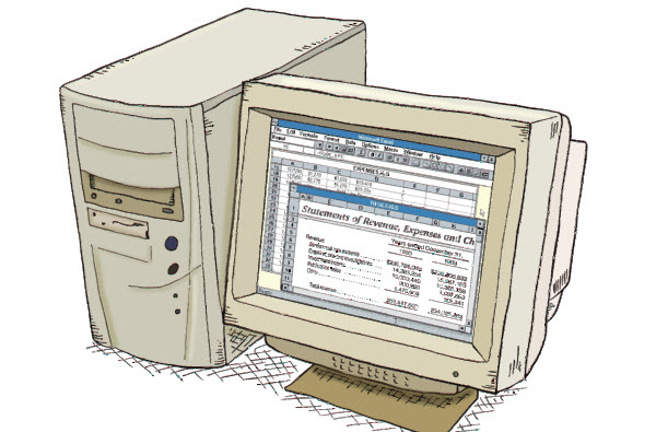 An illustration of a computer and spreadsheet from the 1990s.