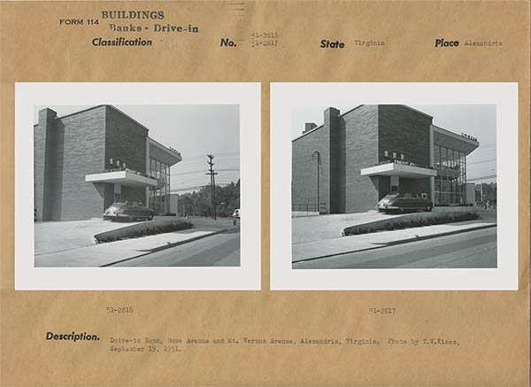 A drive-through bank at the corner of Hume and Mount Vernon avenues in Alexandria, Virginia in 1951.