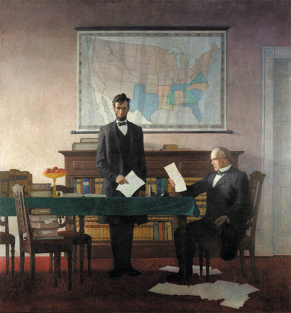 President Abraham Lincoln and Treasury Secretary Salmon P. Chase working on the national banking legislation. In 1920, N.C. Wyeth painted this mural in the lobby of what was then the Federal Reserve Bank of Boston.