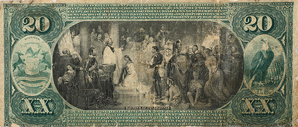 Back of a $20 banknote introduced in 1865